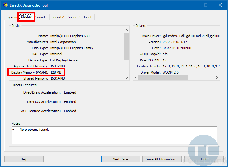 VRAM info using The DxDiag Tool in Windows 10