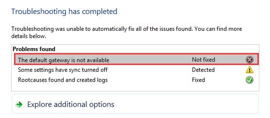 how to fix the default gateway is not available