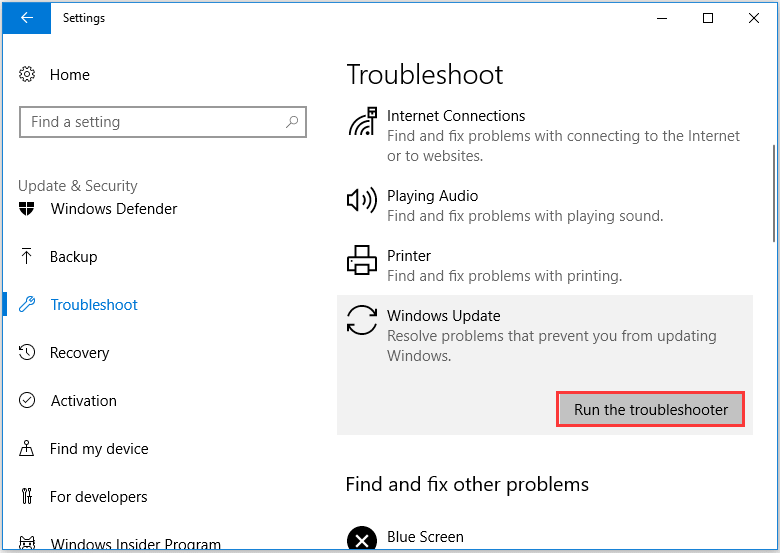 Fix 0xc19001e1 error-Run the Windows Update Troubleshooter